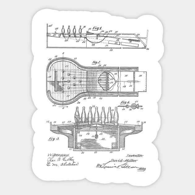 Bowling Alley Vintage Patent Hand Drawing Sticker by TheYoungDesigns